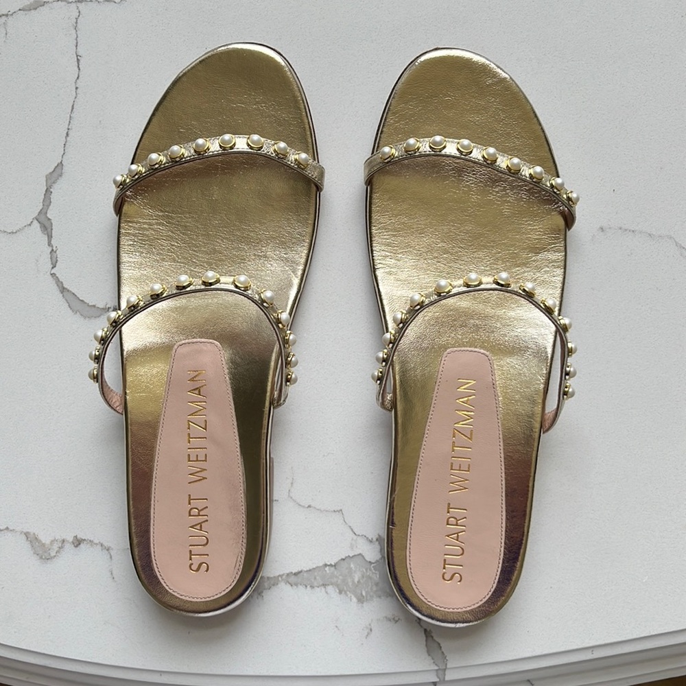 Stuart Weitzman Gold Sandals Pearl Detail Sz 10